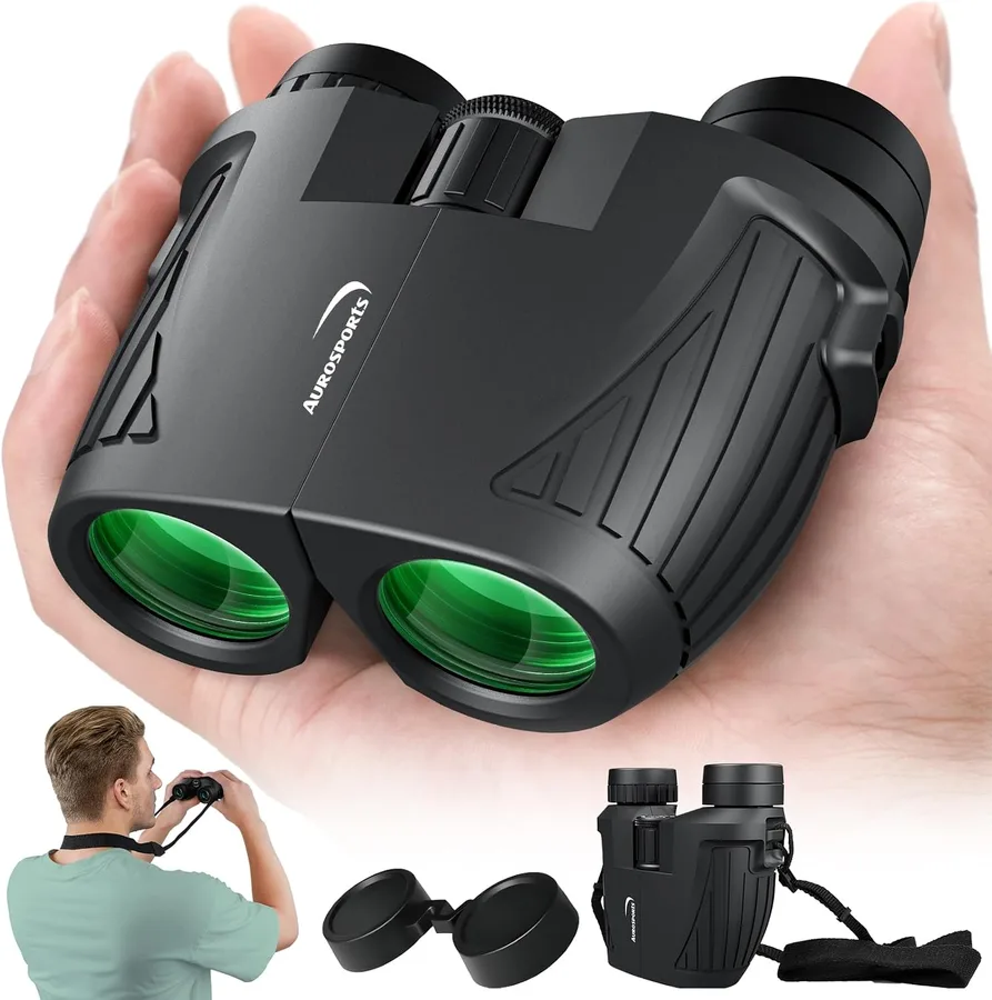 Aurosports Compact Binoculars for Adults & Kids - 15x25 High Power Binoculars with FMC Lenses & High Light Transmission Ultra Lightweight & Small Binos for Bird Watching Gifts for Men Women - Black