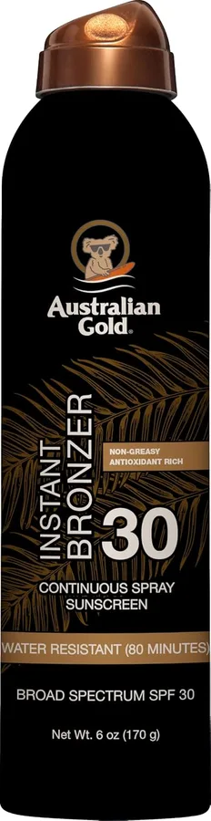 Australian Gold Continuous Spray Sunscreen with Instant Bronzer SPF 30, Immediate Glow & Dries Fast Water Resistant NonGreasy