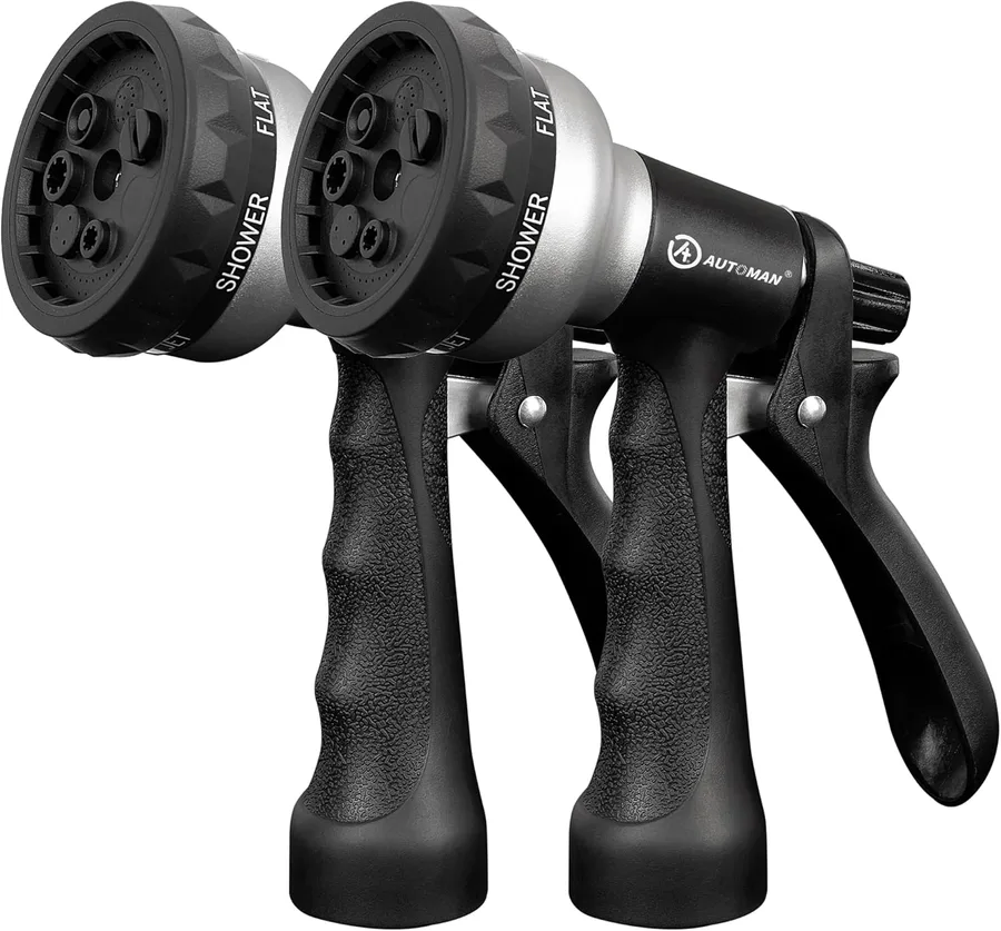 AUTOMAN-Garden-Hose-Nozzle, 2 Pack ABS Water Spray Nozzle, 7 Adjustable Watering Patterns, Slip Resistant for Watering Plants, Lawn& Garden, Washing Car, Showering Pets & Outdoor Fun.Silver Color