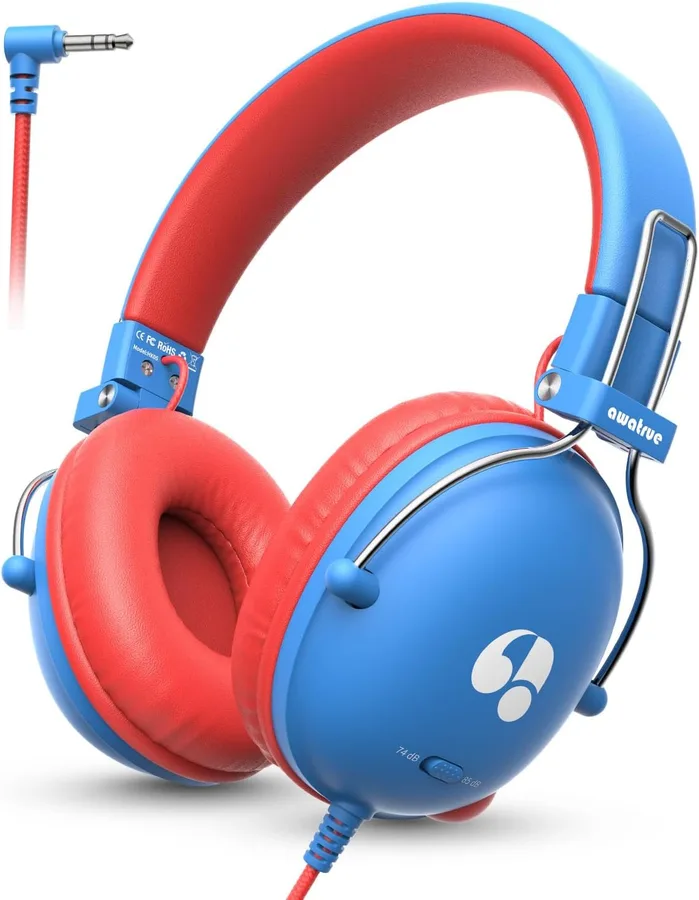 awatrue Kids Headphones, 74/85dB Safe Volume Limit, Stereo Sound, Wired On-Ear Headphones for Kids Boys Girls, 3.5mm Jack for