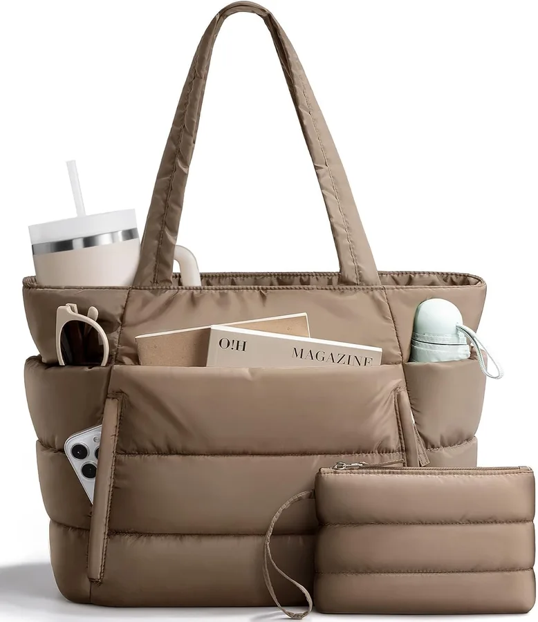 Bagstellar Puffer Tote Bag for Women, Lightweight Puffy Work Handbag Teacher Nurse Quilted Shoulder Bag for School Travel Gym