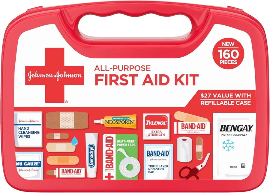 BAND-AID Brand All-Purpose Portable Compact First Aid Kit, 160 Piece | Emergency Wound Care Essentials with Adhesive Bandages, Gauze & Pain Relief for Home, Car, Dorm, Camping, Cruise & Travel