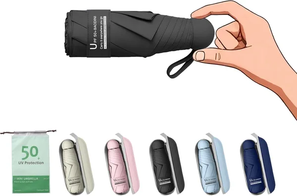 BAODINI Travel Essentials Mini Umbrella for Purse With Case Small Compact UV Sun Protection Lightweight Tiny Pocket Manual Op