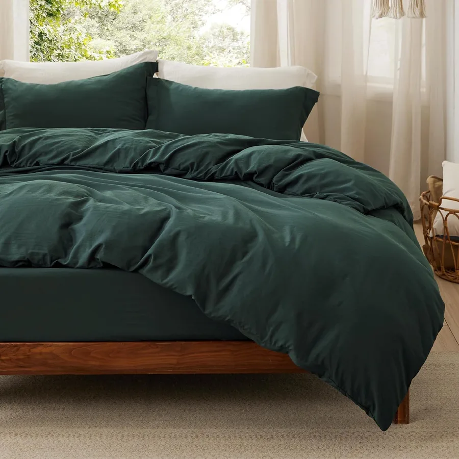 Bedsure Prewashed Duvet Cover Full with Fitted Sheet, 4Pcs, Forest Green | 4-Piece Set, 15-Inch Deep Pocket, Ultra Soft, Relaxed Texture, Breathable, Zipper Closure, 8 Corner Ties, Easy Care
