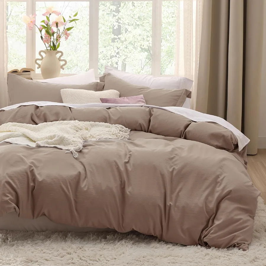 Bedsure Prewashed Oversized Queen Duvet Cover, Cotton-Like Soft Set, Khaki | Ultra Soft, Relaxed Texture, Breathable Comfort, Hidden Zipper, 8 Corner Ties, Easy Care, OEKO-TEX Certified, Year-Round Use