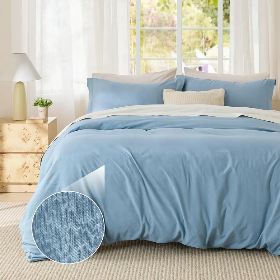 Bedsure Textured Duvet Cover Queen Size - Cotton-Like Polyester Jacquard Duvet Cover Set for All Seasons - 3 Pieces Elevated Dobby Ultra Soft Bedding Set, NO Comforter (Chambray Blue, Queen, 90"x 90")