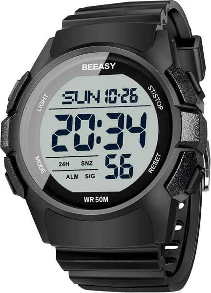 Beeasy Mens Digital Sports Watch, 50M Waterproof 49mm Rubber Strap Mens Watches with Stopwatch, Countdown Timer, Alarm & Dual