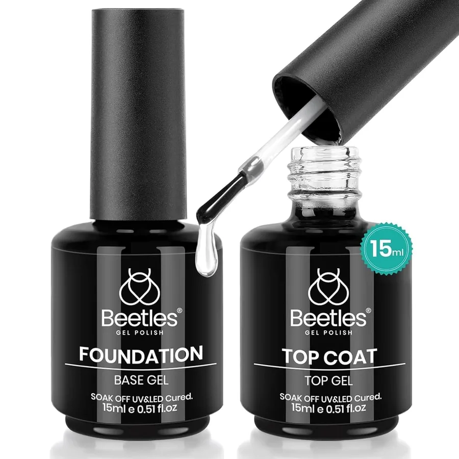 Beetles 2 Pcs 15ml No Wipe Gel Top Coat and Base Coat Set - Shine Finish and Long Lasting Soak Off LED Nail Lamp Gel Base Top