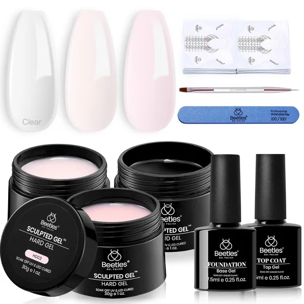 Beetles Builder Gel for Nails, 3 Colors 9 in 1 Nail Extension Sculpting Building, Clear Nude Pink Hard Gel Kit with Base Top