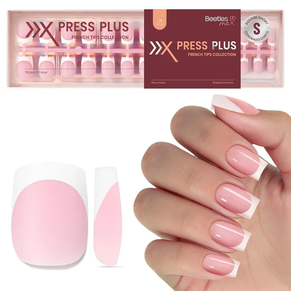 Beetles French Tips Press On Nails - Glow French | Pink Press On Nails Short Square 150 Pcs Fake Nail Tips, Soft Nail Gel Fal
