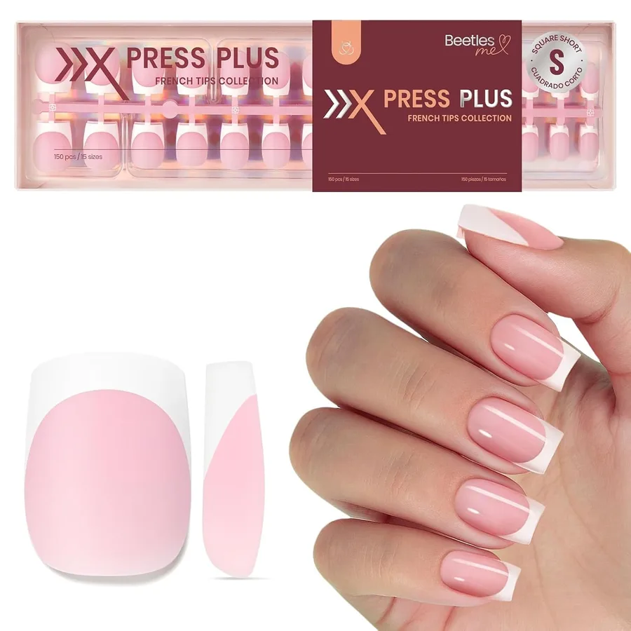 Beetles French Tips Press On Nails - Glow French | Pink Press On Nails Short Square 150 Pcs Fake Nail Tips, Soft Nail Gel Fal