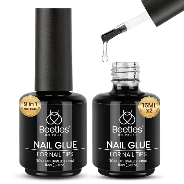 Beetles Gel Polish 9 in 1 Gel Nail Glue for Clear Acrylic Nail Tips 2 Pcs 15ml Long Lasting Nail Gel Kit for False Nails Tips