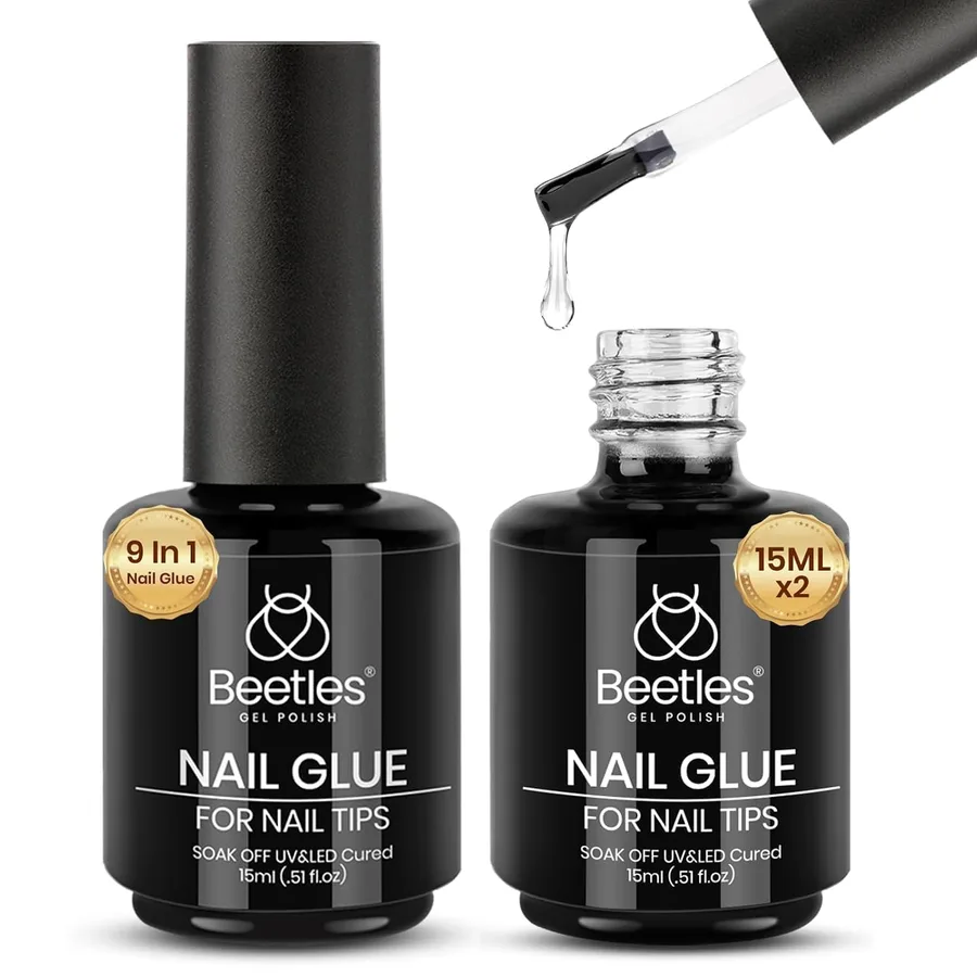 Beetles Gel Polish 9 in 1 Gel Nail Glue for Clear Acrylic Nail Tips 2 Pcs 15ml Long Lasting Nail Gel Kit for False Nails Tips