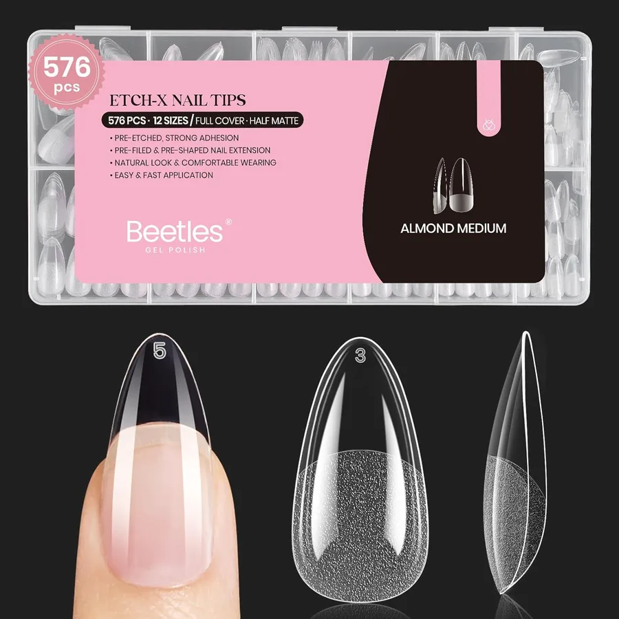 Beetles Medium Almond Nail Tips 576pcs 12 Sizes, Pre-Etched Soft Gel Tips Half Matte Full Cover Press on False Nail Tips Clea