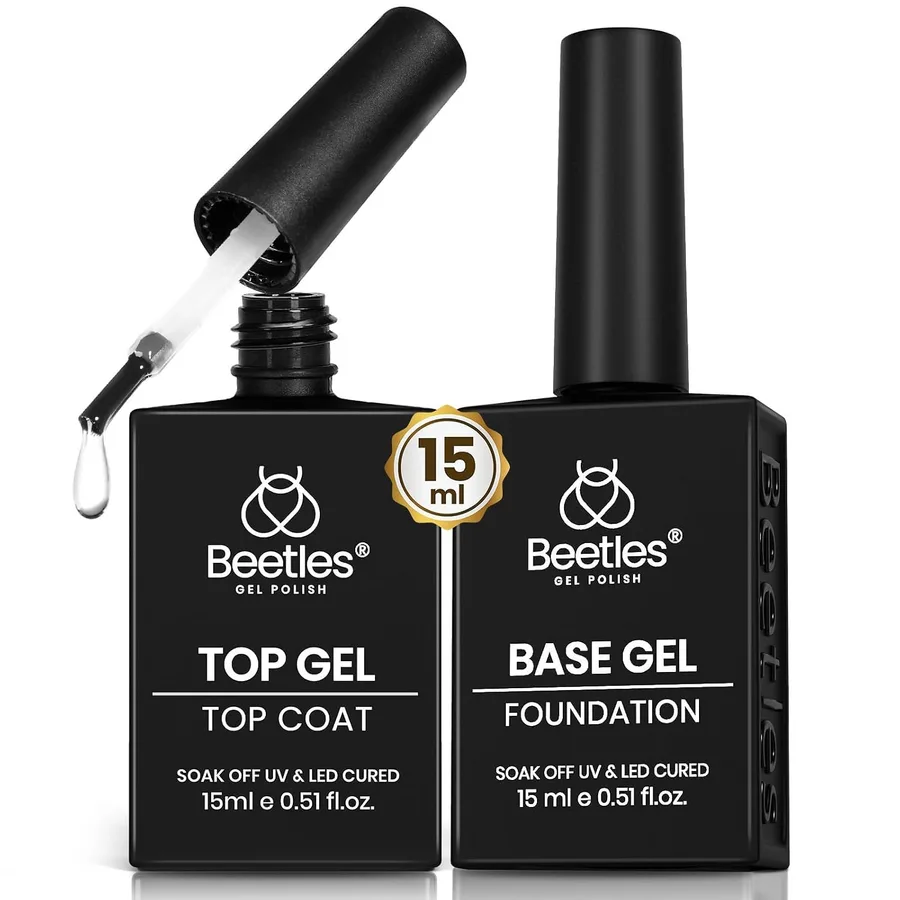 Beetles No Wipe Gel Top Coat and Base Coat Set for Gel Nail Polish - 2Pcs 15ml Super Shiny and Long Lasting Soak Off UV/LED L