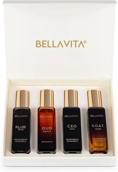 BellaVita Luxury Men's Perfume Gift Set with CEO Man, G.O.A.T., KLUB & OUD | 4 x 20ml (80ml) | Long Lasting Perfume for Men |