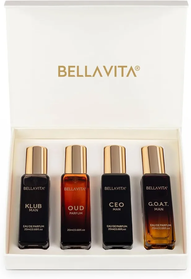 BellaVita Luxury Men's Perfume Gift Set with CEO Man, G.O.A.T., KLUB & OUD | 4 x 20ml (80ml) | Long Lasting Perfume for Men |