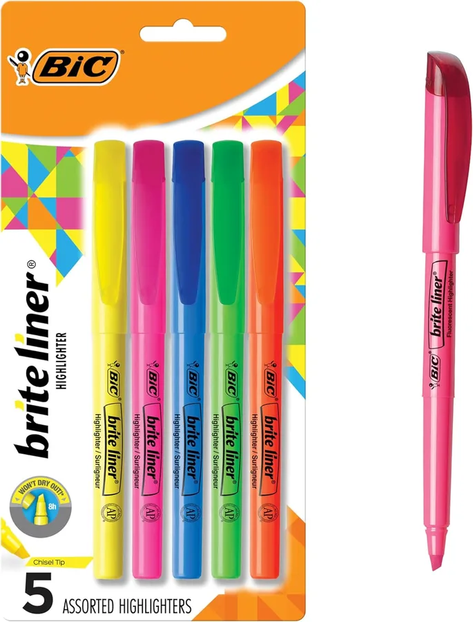 BIC Brite Liner Highlighters, Chisel Tip, School Supplies for Students and Teachers, Ideal for Notes, Textbooks, and Classroo