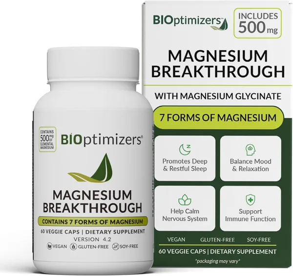 BIOptimizers Magnesium Breakthrough Supplement with 500mg - 7 Forms of Magnesium: Glycinate, Malate, Citrate, and More - Natu