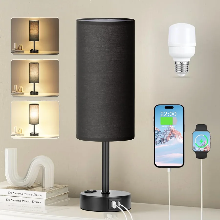 Black Bedside Lamp for Bedroom, Dimmable Touch, USB A+C, AC Outlet | 3-Way Dimmable, LED Bulb Included, USB C+A Charging Ports, Black Fabric Lampshade, Metal Base, 14in Small Table Lamp