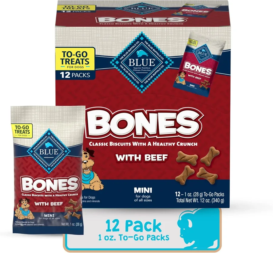 Blue Buffalo Bones Natural Crunchy Dog Treats to-GO, Mini Dog Biscuits, Beef 1-oz Bags (Pack of 12)