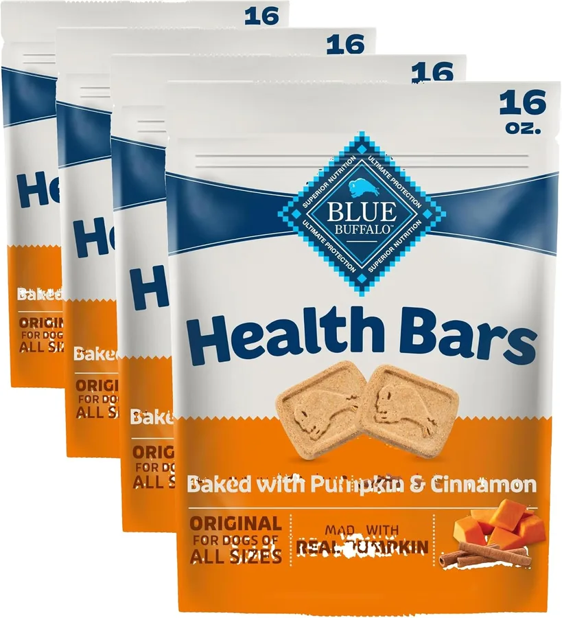 Blue Buffalo Health Bars Pumpkin & Cinnamon Crunchy Dog Biscuits, Oven-Baked with Pumpkin & Natural Ingredients, Healthy Dog Treats with No Artificial Flavors or Preservatives, 16 oz. (Pack of 4)