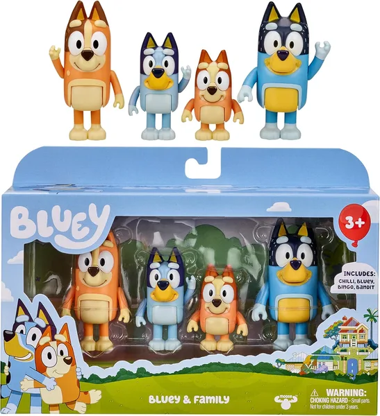 Bluey Family Figure Pack of 4, Robust Poseable Character Toys with Bingo, Chilli, and Bandit Figures, Toddler-Sized Animal Fi