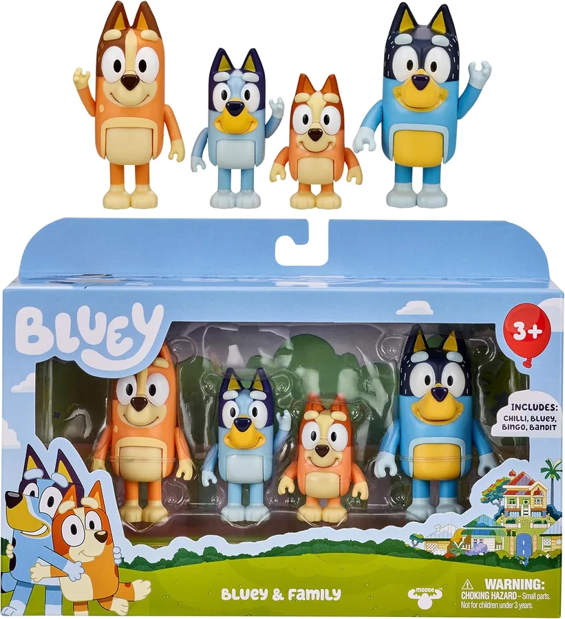 Bluey Family Figure Pack of 4, Robust Poseable Character Toys with Bingo, Chilli, and Bandit Figures, Toddler-Sized Animal Fi