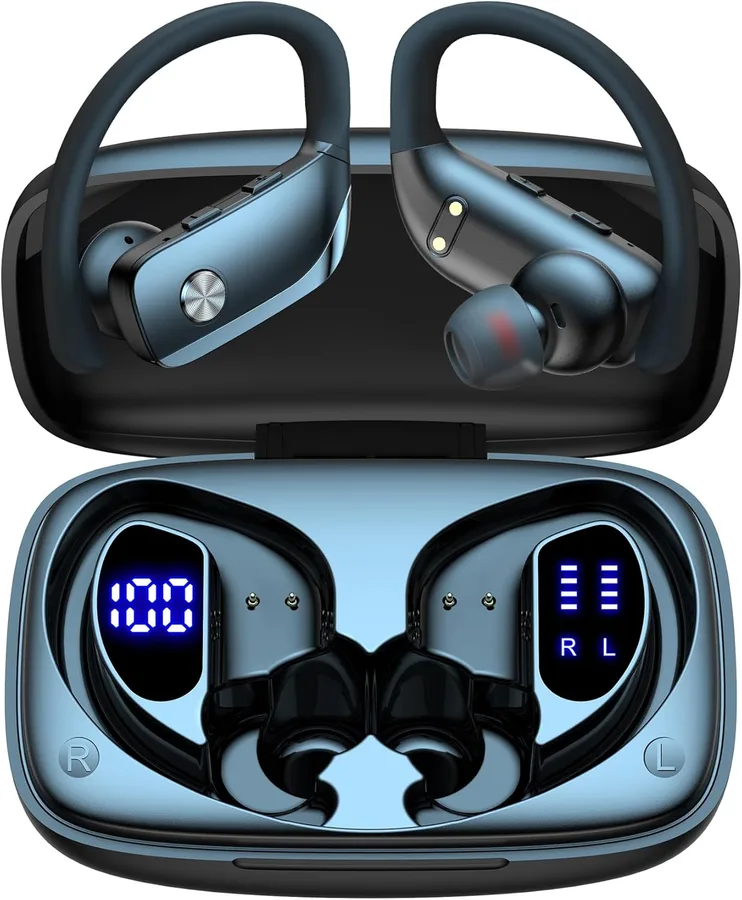 bmani Ear Buds Wireless Earbuds Bluetooth Headphones with 80H Playtime LED Display Case, Over-Ear Hook with Mic, Stereo Sound