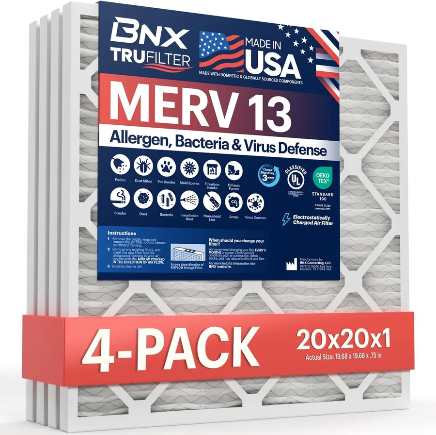BNX TruFilter 20x20x1 MERV 13 (4-Pack) AC Furnace Air Filter - MADE IN USA - Electrostatic Pleated Air Conditioner HVAC AC Fu