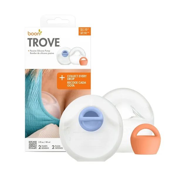 Boon Trove Silicone Manual Breast Pump Set - Hands Free Breast Milk Collector - Includes Polyester Travel Pouch - Breastfeedi