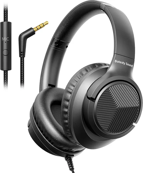 Botesty Sound Headphones Wired with Microphone, Over Ear Foldable 3.5mm Plug in Headphones with 4.9ft Tangle-Free Nylon Cord