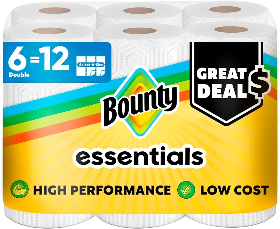 Bounty Essentials Select-A-Size Paper Towels, 6 Double Rolls, White, 108 Sheets Per Roll