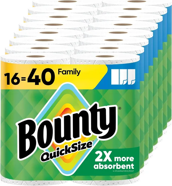Bounty Paper Towels Quick Size, White, 16 Family Rolls = 40 Regular Rolls