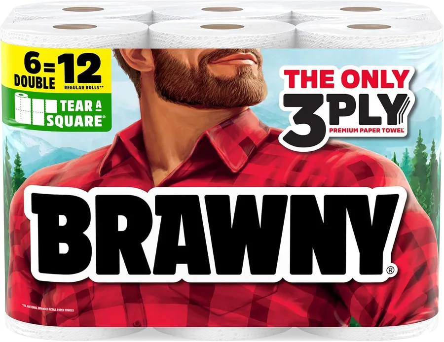 Brawny Tear-A-Square 3-Ply Paper Towels, 6 Double Rolls = 12 Regular Rolls, Strong, Absorbent, and Durable with 3 Sheet Sizes