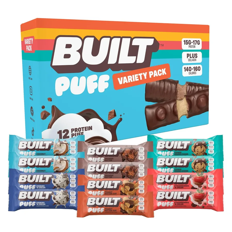 BUILT Bar Puff Protein Bars - Variety Pack - 15-17g Protein Snack Bars with Collagen - Calorie Conscious & Gluten Free - 12 C