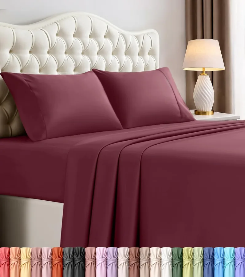 California King Sheets Set, 4 Pieces 16" Deep Pocket Bed Sheets, Burgundy | Extra Soft Bedsheet Set, Comfy & Breathable Cooling Sheets, Wrinkle & Fade Resistant, Fitted Sheet, Flat Sheet, 2 Pillowcases