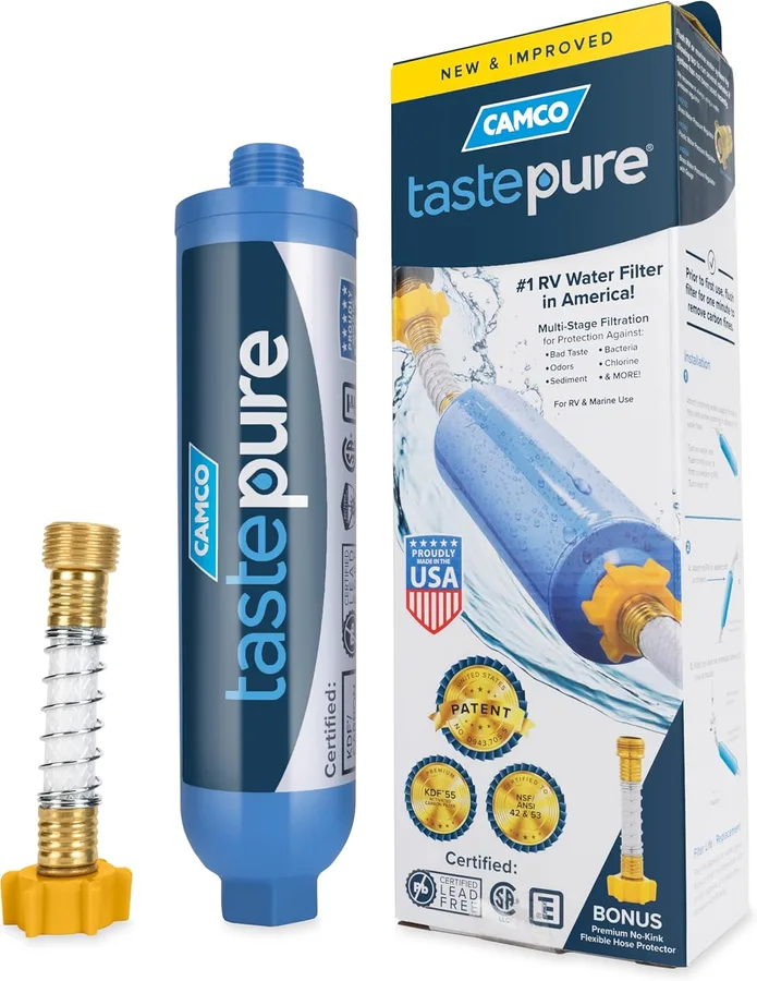 Camco Tastepure RV Water Filter - GAC & KDF Filtration - Made in the USA | Advanced RV Inline Water Filter with Flexible Hose