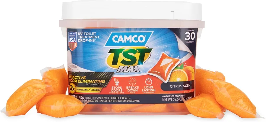 Camco TST MAX RV Toilet Treatment Drop-INs - Orange 30-pk - Made in the USA | Control Unwanted Odors & Break Down Waste and Tissue - Safe Septic RV Tank Treatment (41183)