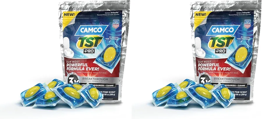 Camco TST PRO RV Toilet Treatment Drop-INs - Innovative Bio-Enzymatic Formula - Fastest Odor Stopper & RV Sewer Waste Break Down - RV Black Tank Treatment - Fresh Pine - Septic-Safe, 10-Pk (41770)