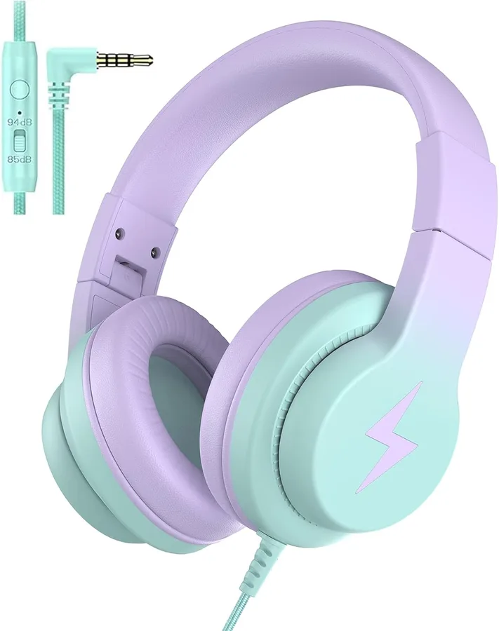 Candy Bila Wired Kids Headphones for School, Over-Ear for Boys Girls | Volume Limiter 85/94dB, HD Stereo Sound, Microphone and Wired Control,Foldable Design, Gradient Purple