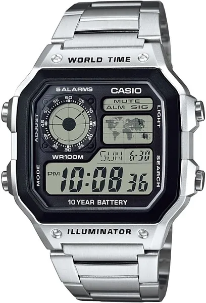 Casio AE1200WH Series | Men’s Digital Watch | 100M WR | Multi Alarms | 100 SEC Stopwatch | Countdown Timer | World Map for Wo