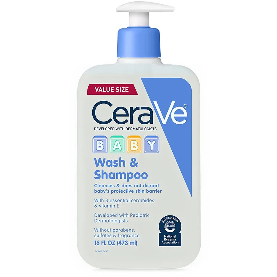 CeraVe Baby 2-in-1 Wash & Shampoo with Vitamin E for Hair & Skin, 16oz | Tear-Free Wash For Baby Hair and Skin with Vitamin E, Fragrance-Free, Paraben-Free, Dye-Free, Phthalates-Free, Sulfate-Free