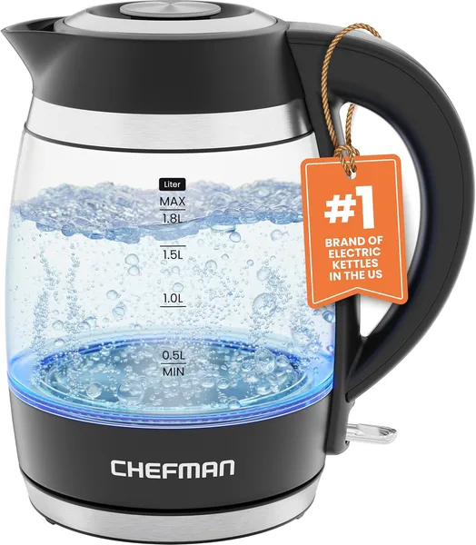 Chefman Electric Kettle, 1.8L 1500W, Hot Water Boiler, Removable Lid for Easy Cleaning, Auto Shut Off, Boil-Dry Protection, S