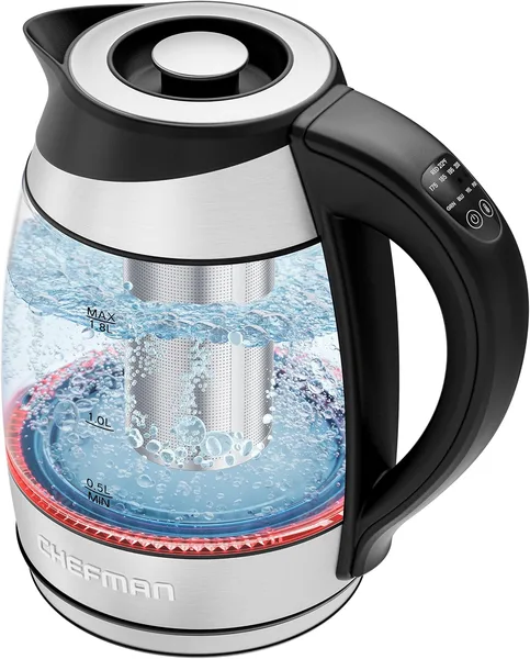 Chefman Electric Kettle with Temperature Control, 5 Presets LED Indicator Lights, Removable Tea Infuser, Glass Tea Kettle & H