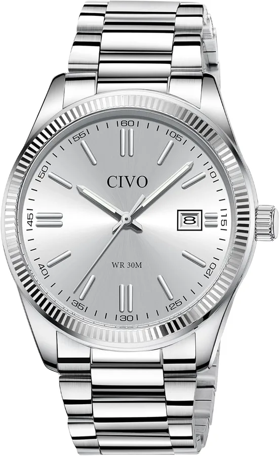 CIVO Analog Mens Watches Silver: Wrist Watches with Date Easy to Read - Dress Stainless Steel Watch for Men Gifts for Husband