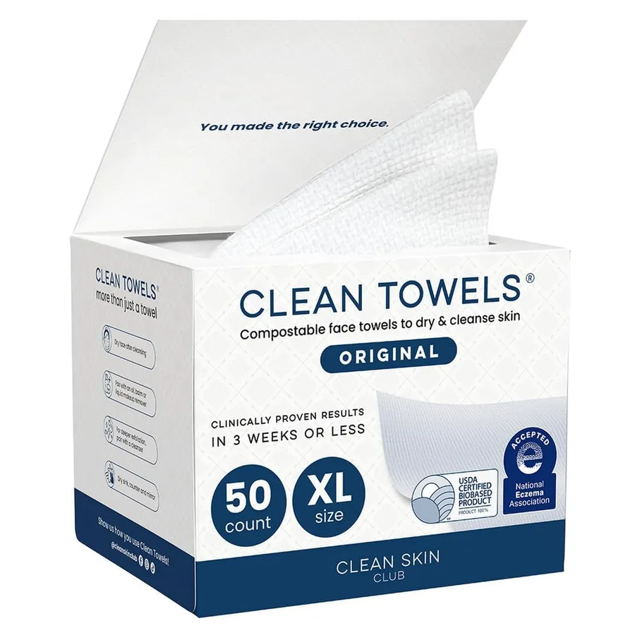 Clean Skin Club Clean Towels XL®, 100% USDA Biobased Face Towel, Disposable Face Towelette, Eczema Association Accepted, Make
