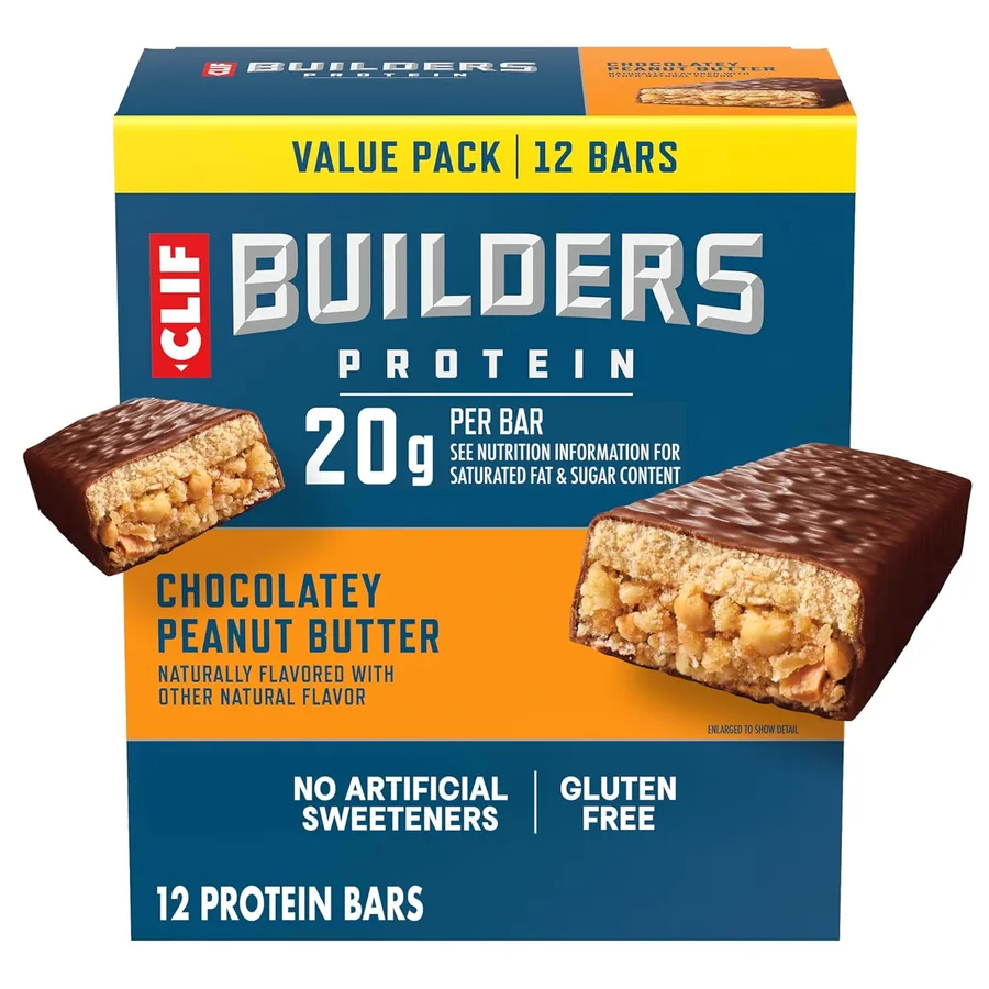 CLIF BUILDERS Protein Bars, Chocolatey Peanut Butter, 20g Protein, Gluten Free, Non-GMO, 12 ct