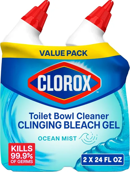 Clorox Toilet Bowl Cleaner Clinging Bleach Gel, Kills 99.9% of Bacteria and Viruses, Ocean Mist, 24 Fl Oz, Pack of 2