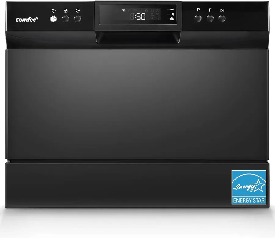 COMFEE’ Countertop Dishwasher, Energy Star Portable Dishwasher, 6 Place Settings & 8 Washing Programs, Speed, Baby-Care, ECO& Glass, Dish Washer for Dorm, RV& Apartment, Black | 8 Washing Programs for RVs, Dorm& Apartment, Speed, Baby-Care, ECO & Glass, Quiet, White, Space-saving Design